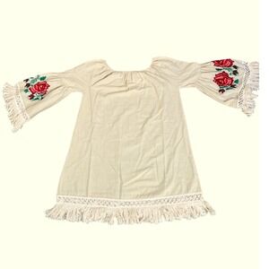 VELZERA Embroidered Off Shoulder Bell Sleeve Beige Cotton Fringe Boho S EUC